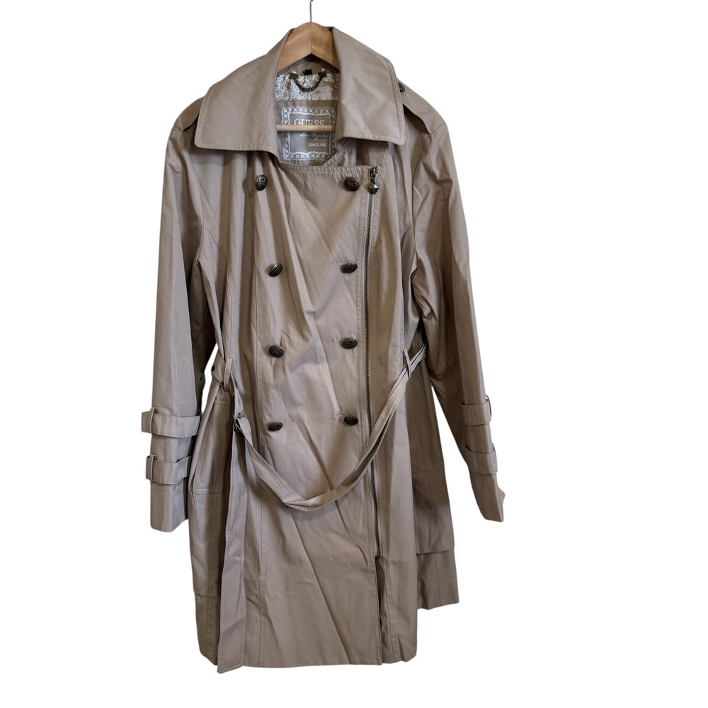 Guess Trench Coat 1X Double Breasted Belted Long Sleeve Zipper Accents‎